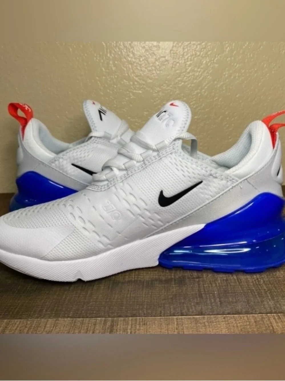 Nike Air Max 270 White with Blue Heel and Red Pull Tab